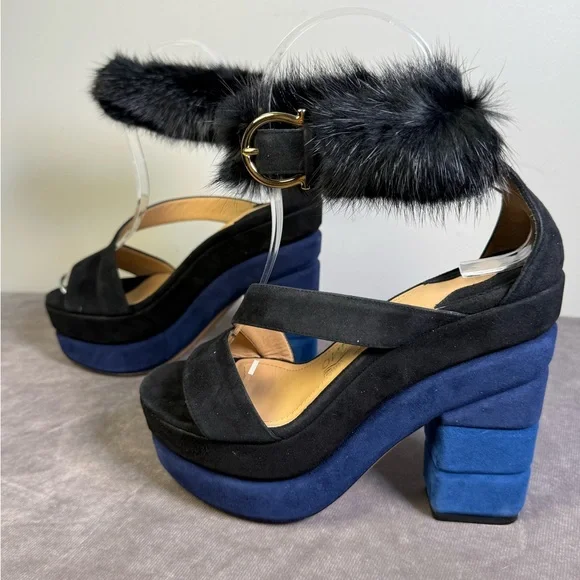 Salvatore Ferragamo suede mink platform sandals color-blocked blue black SIZE 5 - Picture 3 of 14